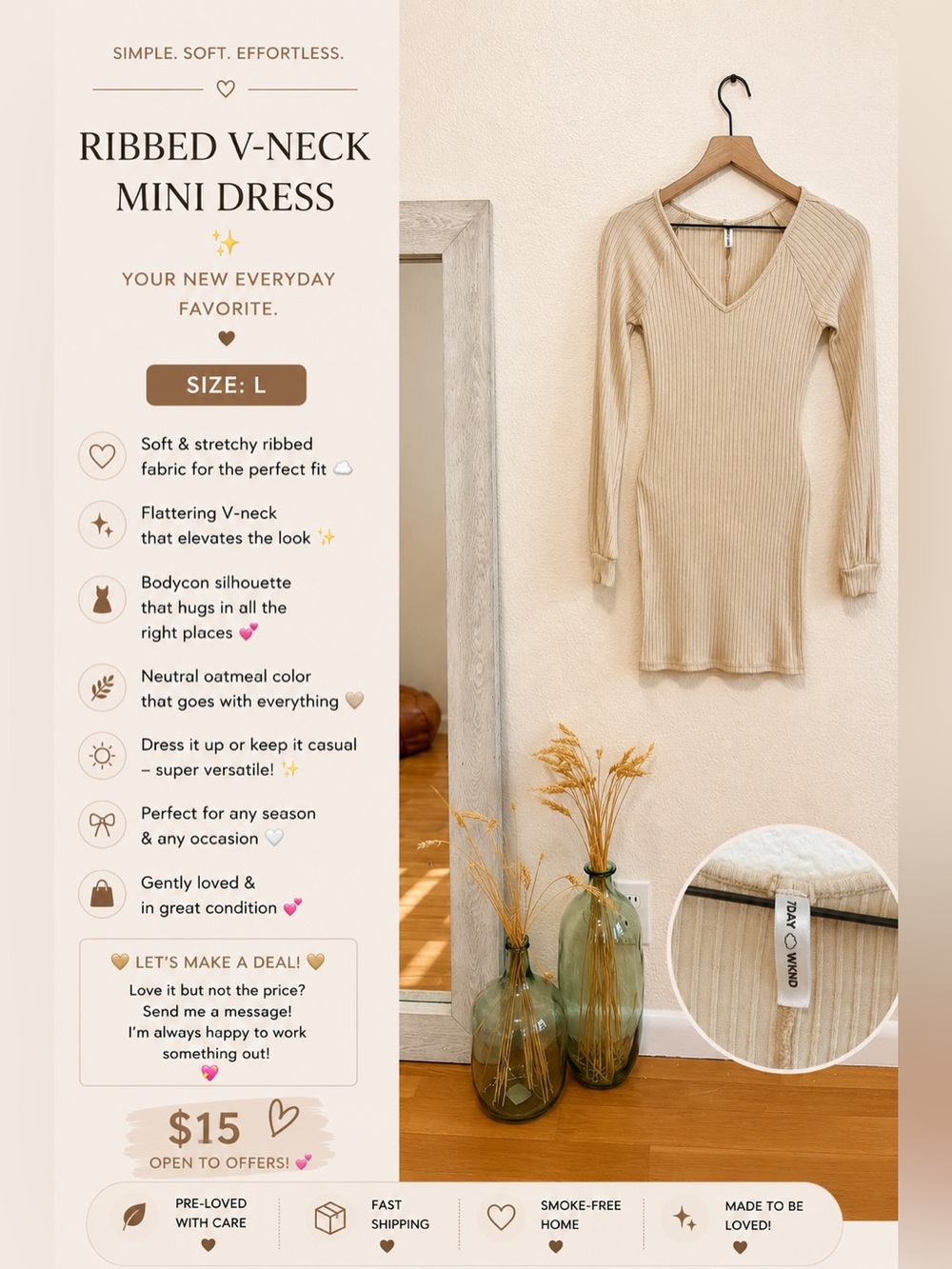 Ribbed V-Neck Mini Dress - Neutral Oatmeal